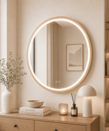 Дзеркало кругле зі шпону дуба з LED-підсвіткою та сенсорним підігрівом, діаметр 600–900 мм